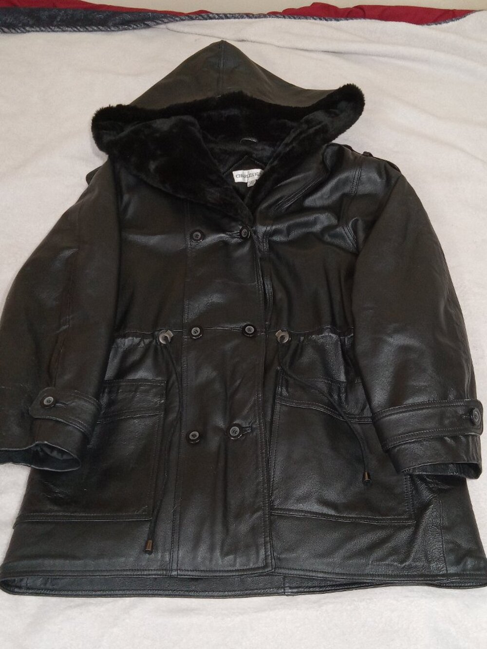Charles Klein Women's Black Genuine Leather Hooded Coat Faux Fur Lined Parka M